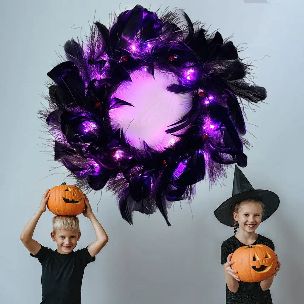 Halloween Black Crow Black Feather Wreath Glowable -  - #tag1#