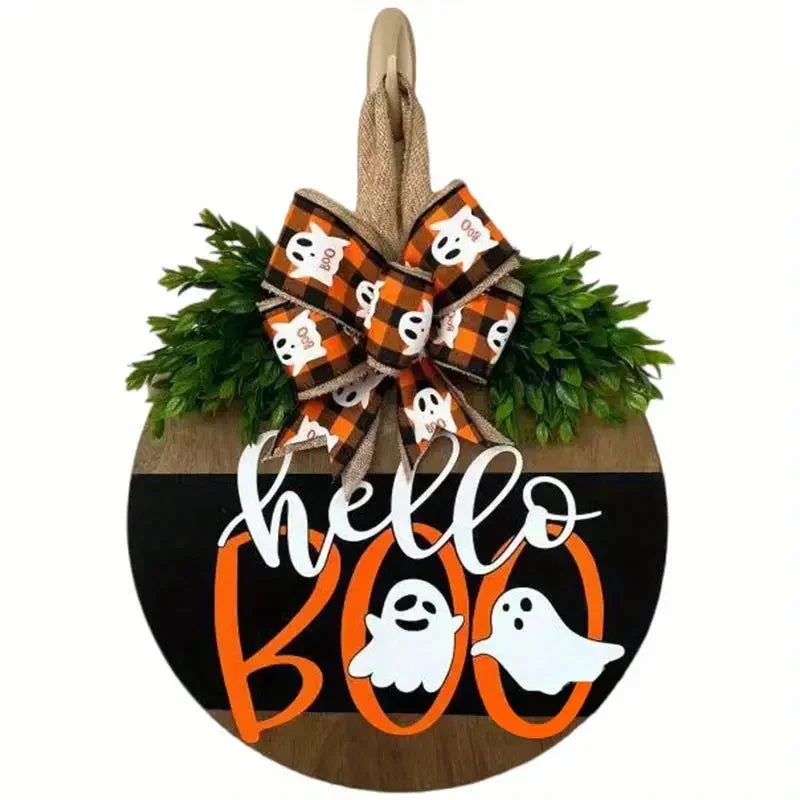 Halloween Round Wooden Board Front Door Decoration Wreath - - #tag1#