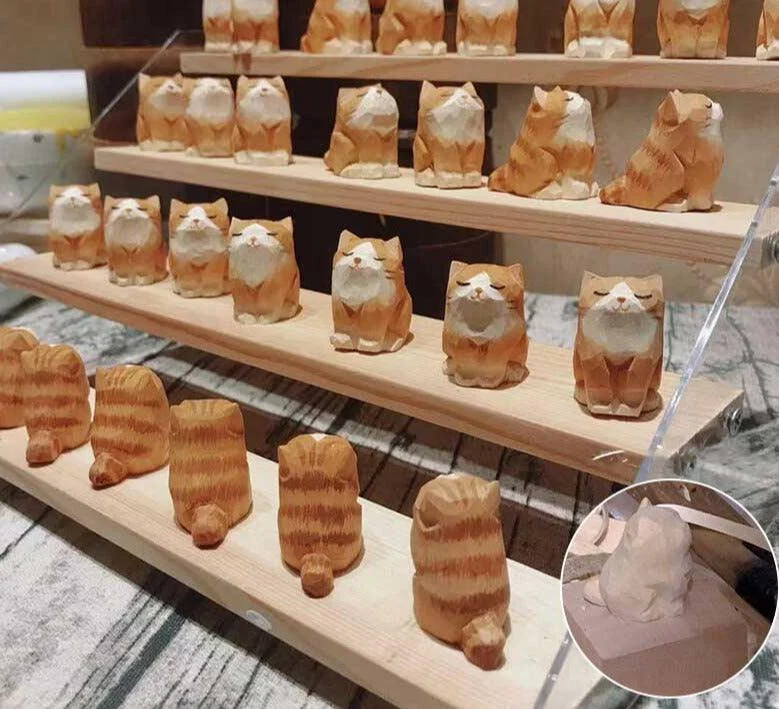 Hand Carved Painted Orange Wooden Cat Figurines -