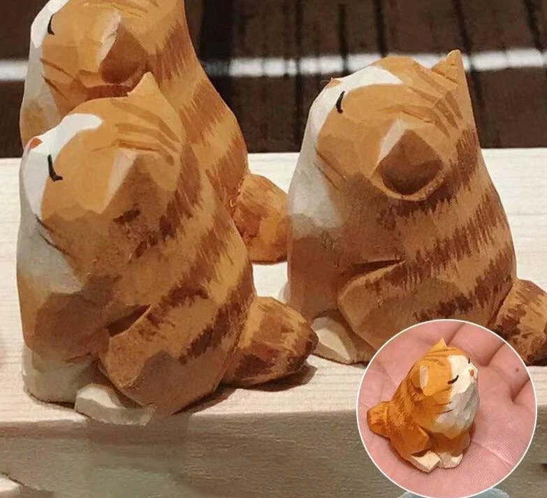 Hand Carved Painted Orange Wooden Cat Figurines -