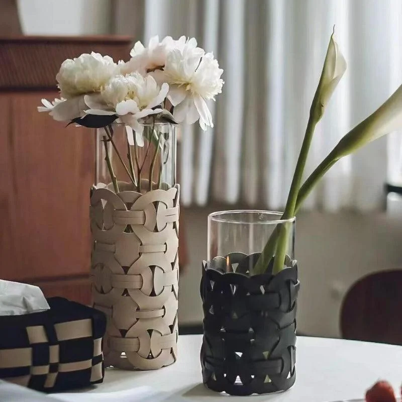 Homeko_Black_Leather_Abstract_Cylinder_Glass_Vase_-_-4216396 Homeko Black Leather Abstract Cylinder Glass Vase -