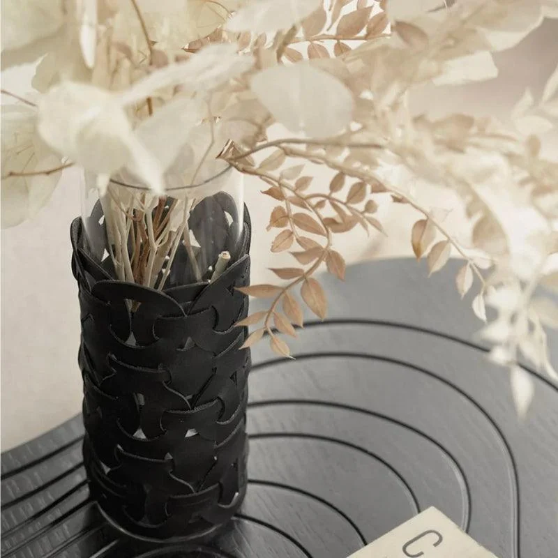 Homeko_Black_Leather_Abstract_Cylinder_Glass_Vase_-_-4216402 Homeko Black Leather Abstract Cylinder Glass Vase -