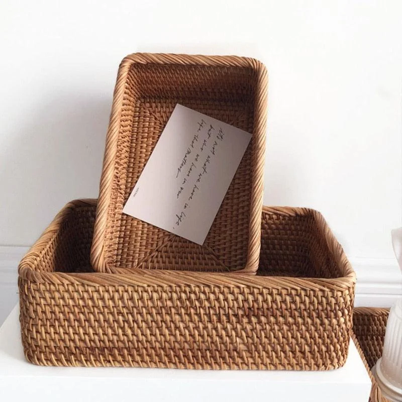 Homeko Hand-Woven Rectangular Rattan Wicker Basket -