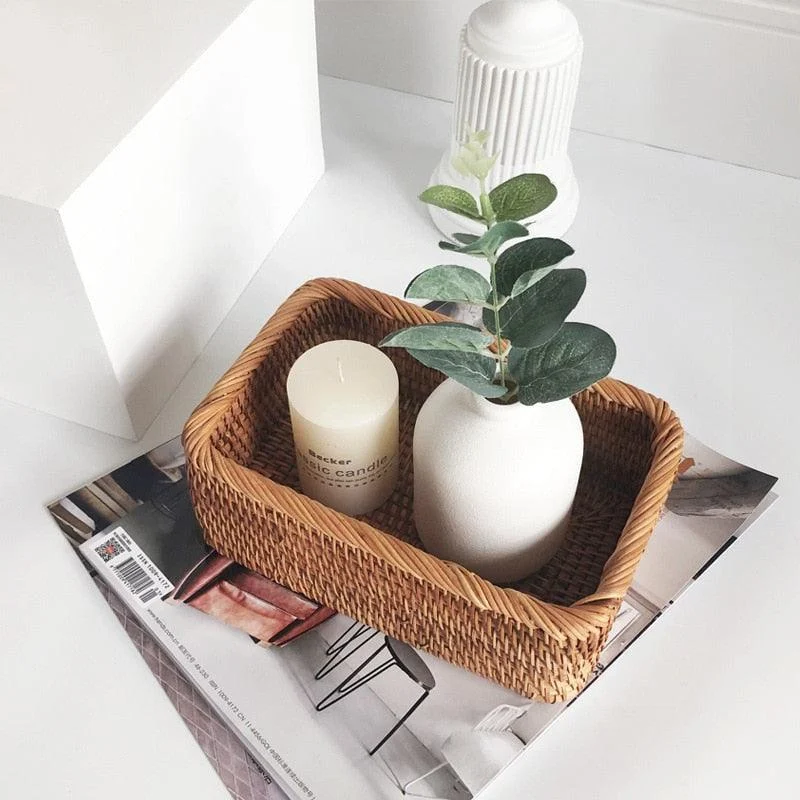 Homeko Hand-Woven Rectangular Rattan Wicker Basket -
