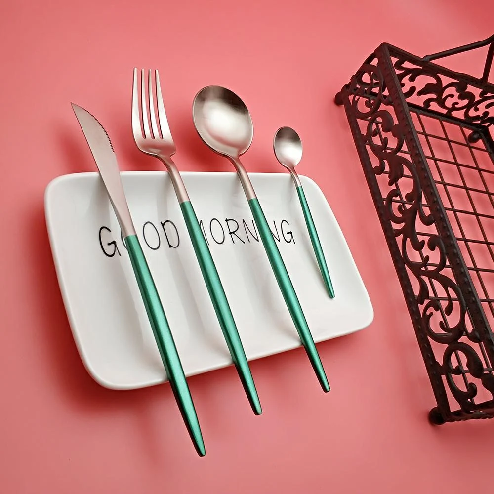 Hot-Sale-4-pcs-Green-silver-Portuguese-Dinnerware-Stainless-steel-Knife-Fork-Spoon-Cutlery-Kitchen-Food Hot Sale 4 Pcs Green Silver Portuguese Dinnerware Stainless Steel Knife Fork Spoon Cutlery Kitchen Food