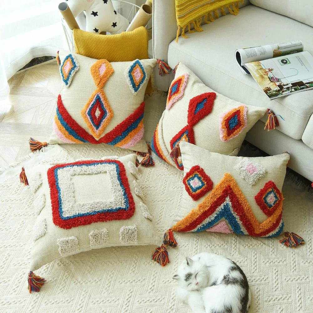 Housse-de-coussin-de-luxe-Style-marocain-fait-la-main-glands-en-laine-Style-Boho-ethnique Housse De Coussin De Luxe Style Marocain Fait La Main Glands En Laine Style Boho Ethnique