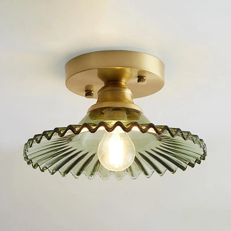 Industrial Semi-Flush Ceiling Lamp with Green Ribbed Glass Shade - - #tag1#
