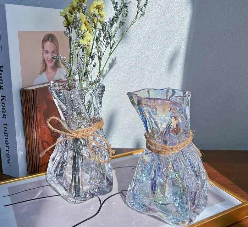 Iridescent_Abstract_Glass_Pleated_Paper_Bag_Vase_with_Rope_Strap_-_-4301894 Iridescent Abstract Glass Pleated Paper Bag Vase with Rope Strap -