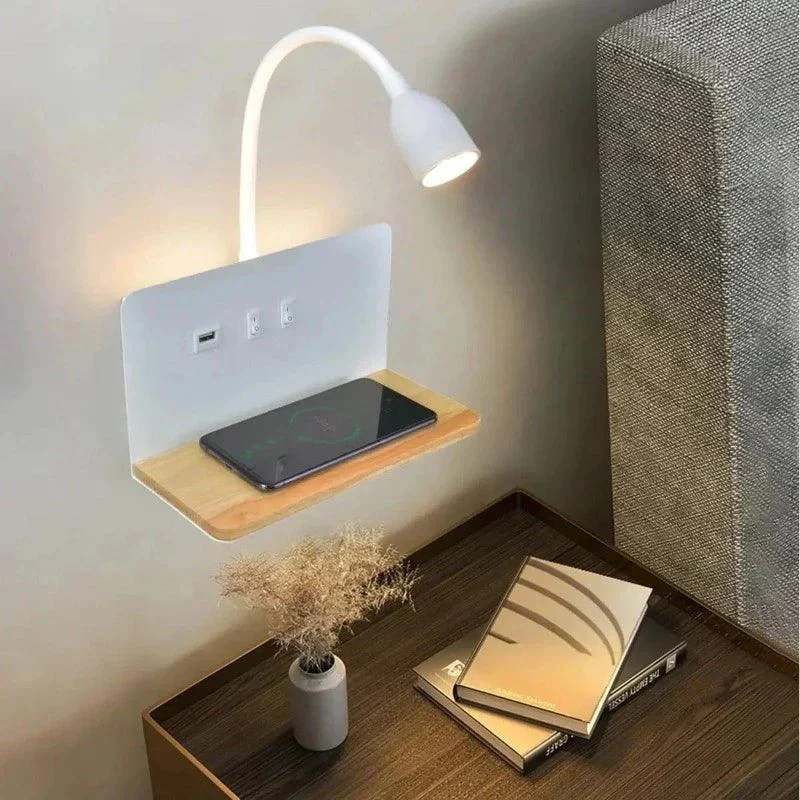 Led-Houten-Draadloos-Opladen-Wandlamp-Usb-Socket-Draaibare-Lampkop-Met-Schakelaar-Indoor-Bed-Woonkamer-Studie-Verlichting Led Houten Draadloos Opladen Wandlamp Usb Socket Draaibare Lampkop Met Schakelaar Indoor Bed Woonkamer Studie Verlichting