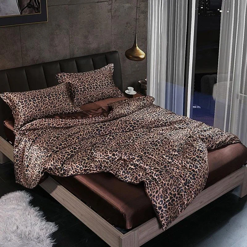 Leopard Duvet Cover Satin Like Silk Soft 4pcs Bedding Set Summer Reversible Comforter Cover Luxury Soft