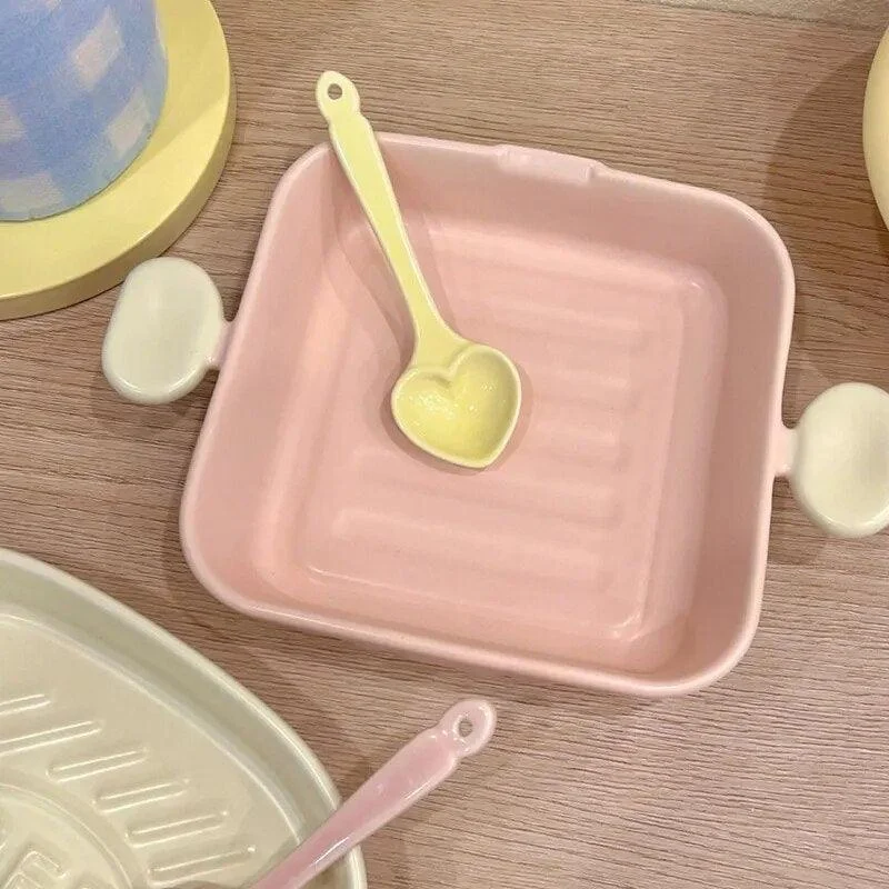 Pastel Ceramic Barbecue Plate with Double Ears -