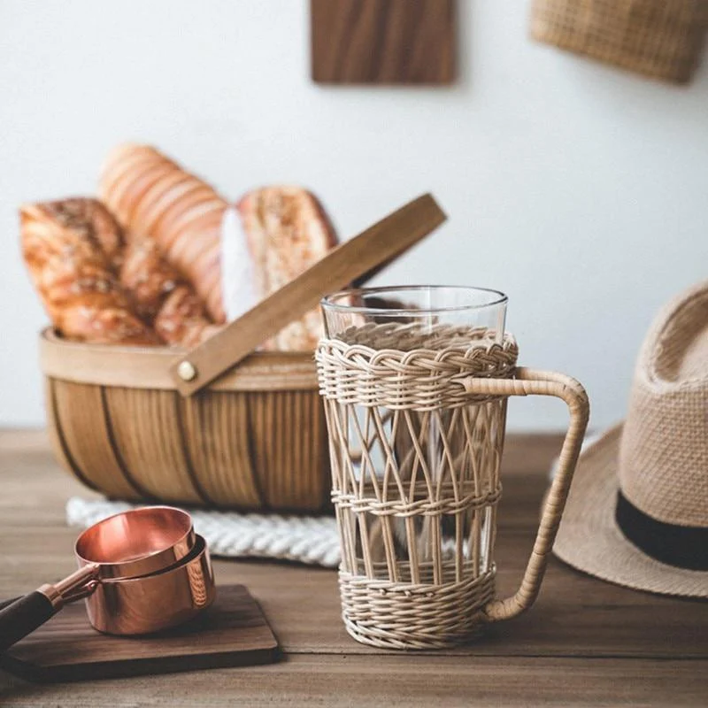 Rattan Woven Water Cup Cover Glass Anti Scald Cover Holder With Handle Protection Bottle Covers Insulation