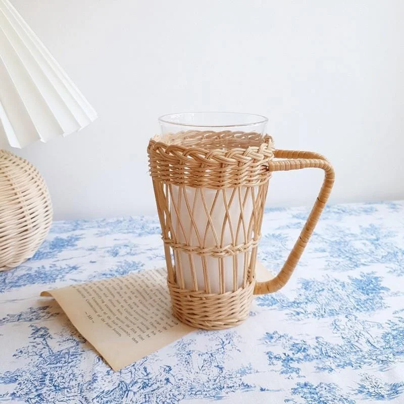 Rattan Woven Water Cup Cover Glass Anti Scald Cover Holder With Handle Protection Bottle Covers Insulation C6791232 735f 4136 9c30 6206c626a09a