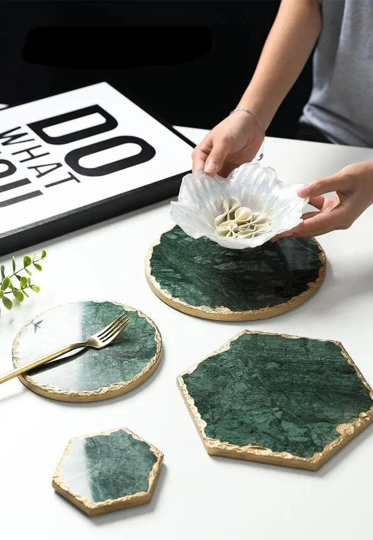 Real Emerald Marble Coaster With Gold Inlay Heat Resistant Decorfaure 1685701423