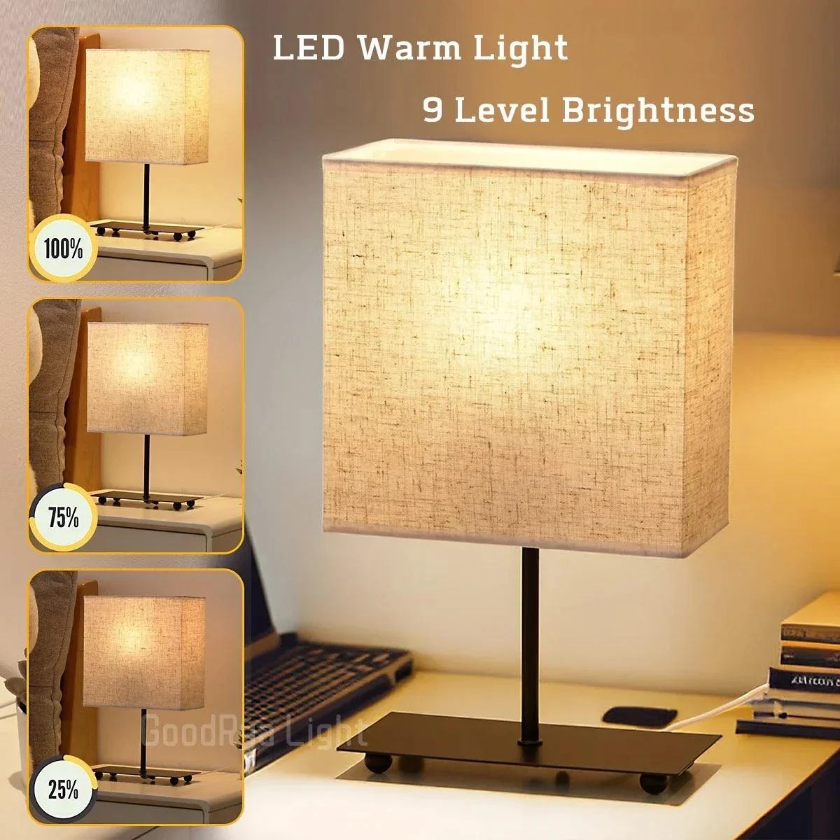 Retro Japanese Fabric Table Lamp USB Dimmable Lighting Bedside - Homeko