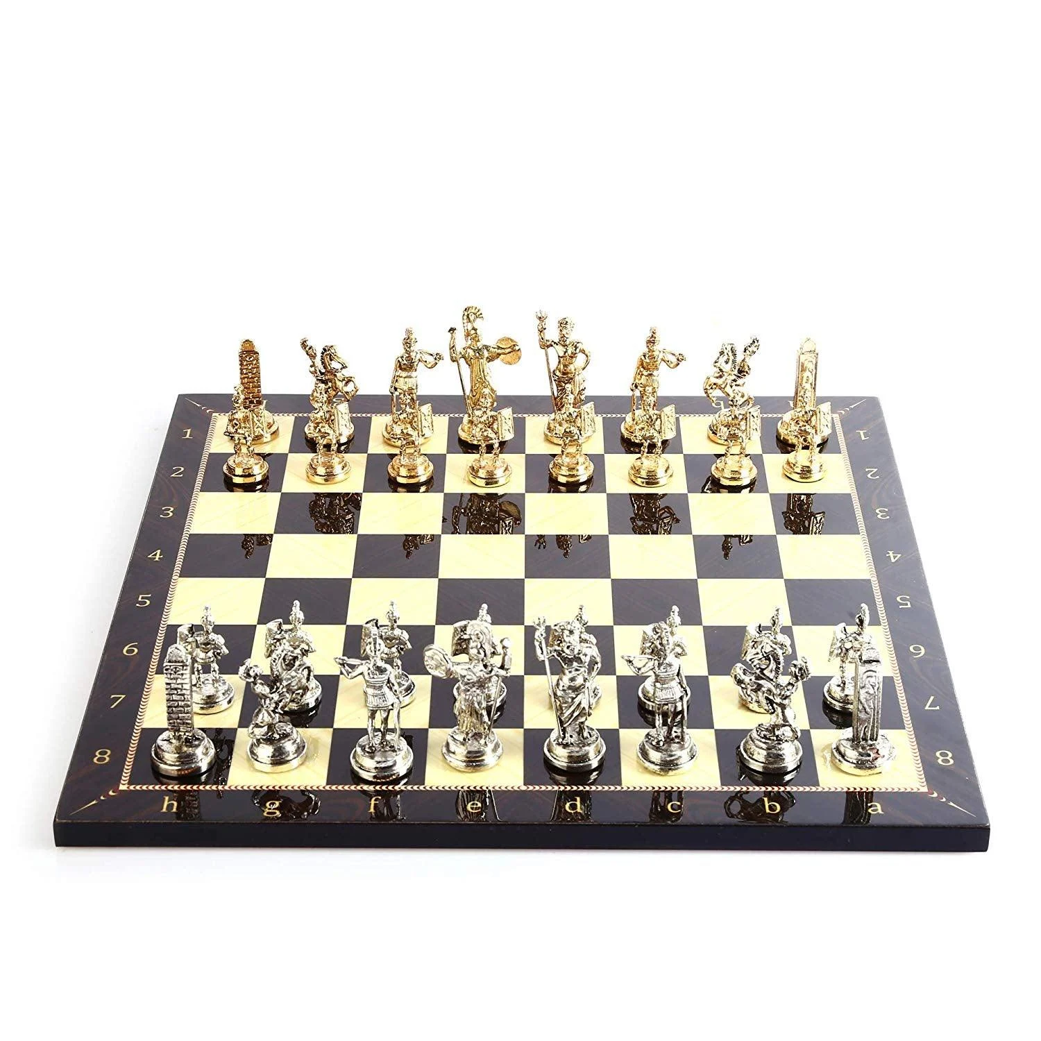 Rome Figures Metal Chess Set with Walnut Patterned Wood Chess Board Sculptures and Statues - Homeko
