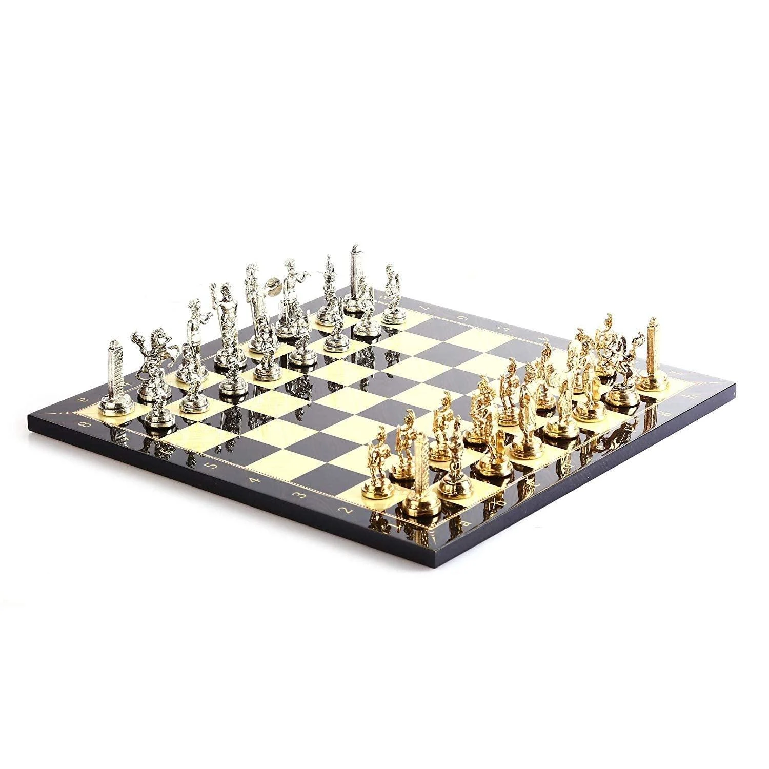 Rome Figures Metal Chess Set with Walnut Patterned Wood Chess Board Sculptures and Statues - Homeko