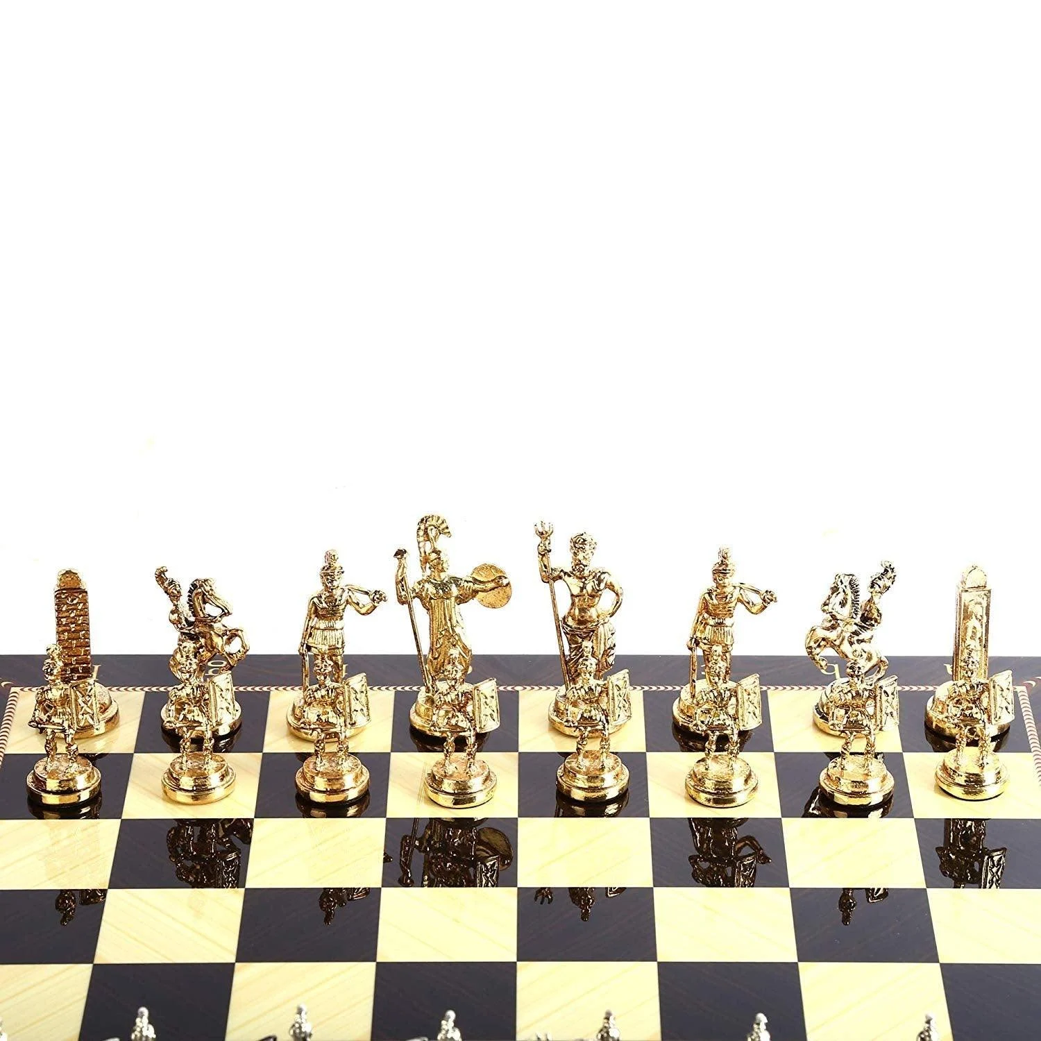 Rome Figures Metal Chess Set with Walnut Patterned Wood Chess Board Sculptures and Statues - Homeko