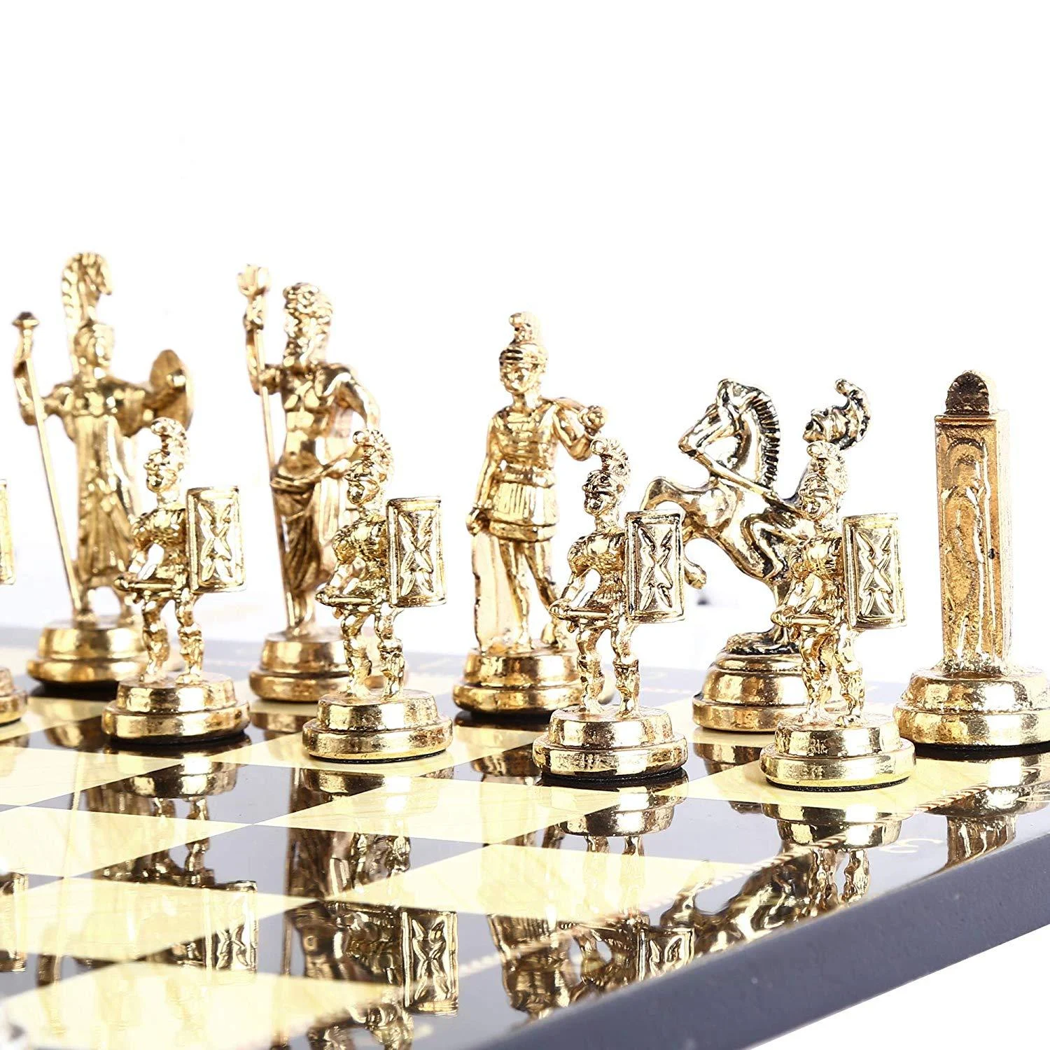 Rome Figures Metal Chess Set with Walnut Patterned Wood Chess Board Sculptures and Statues - Homeko