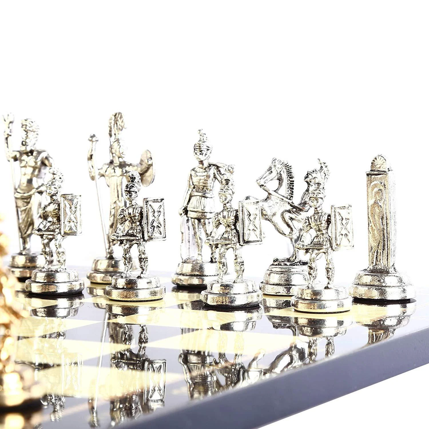 Rome Figures Metal Chess Set with Walnut Patterned Wood Chess Board Sculptures and Statues - Homeko