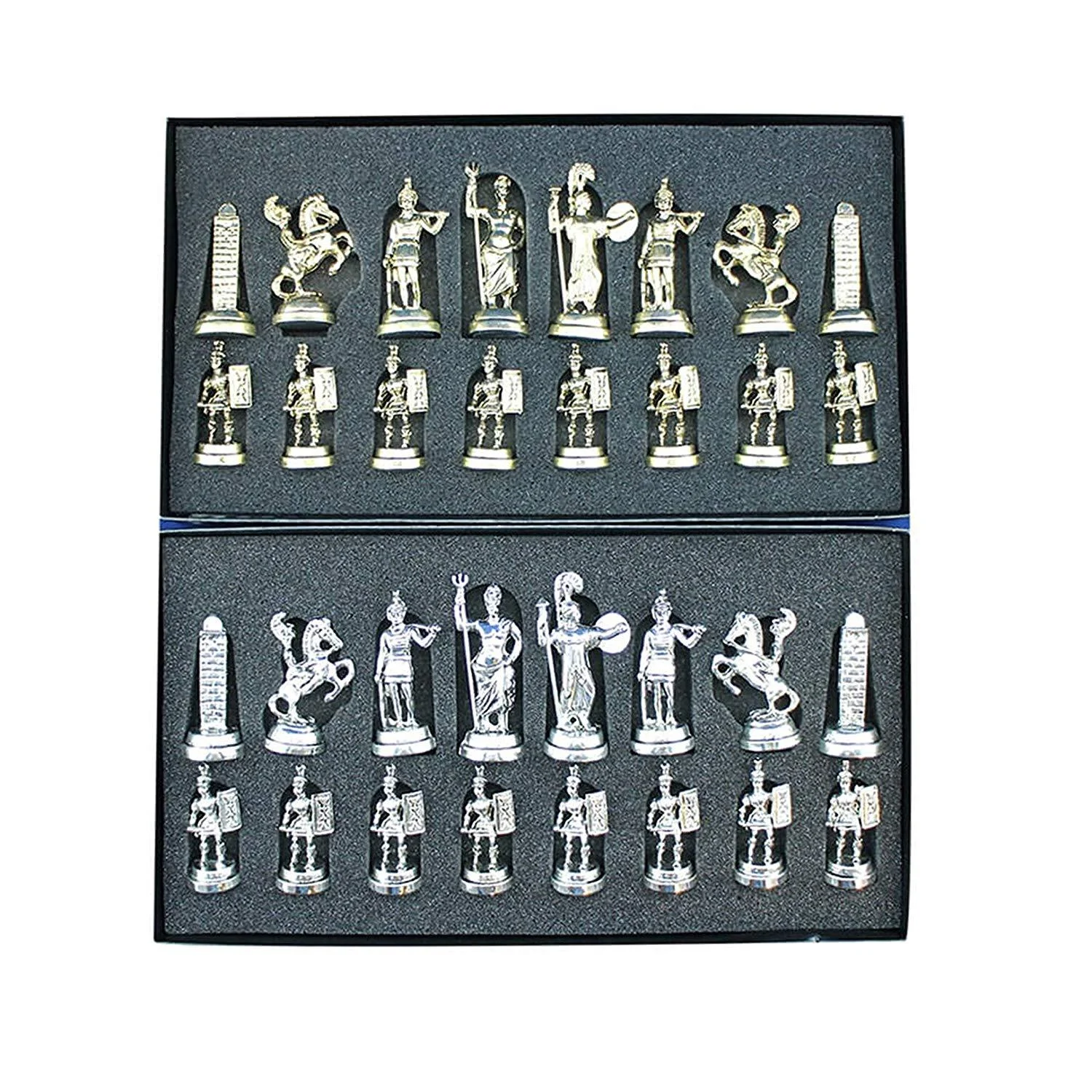 Rome Figures Metal Chess Set with Walnut Patterned Wood Chess Board Sculptures and Statues - Homeko