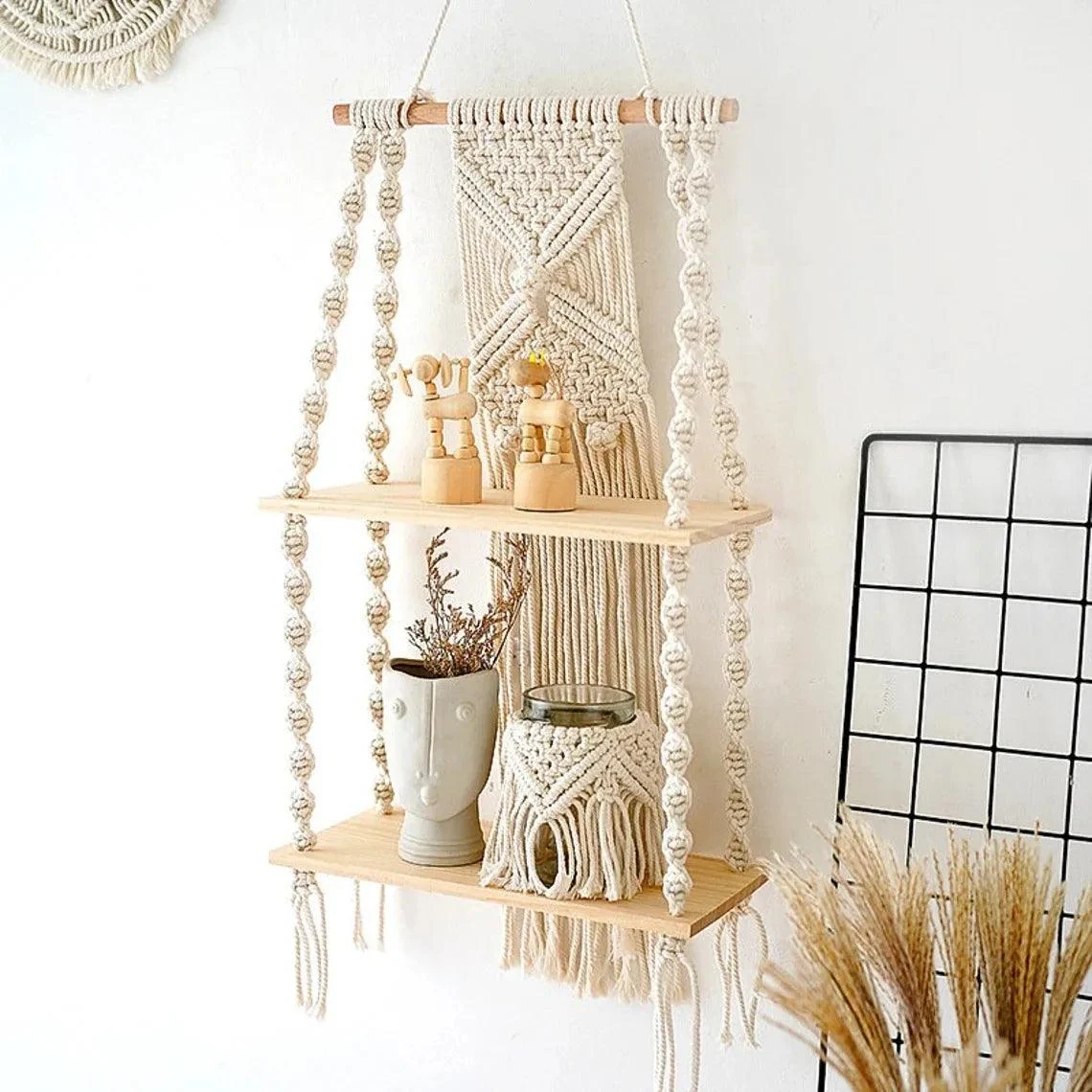 RopeCraftDoubleWoodHangingShelf-Homeko1 RopeCraft Double Wood Hanging Shelf - Homeko