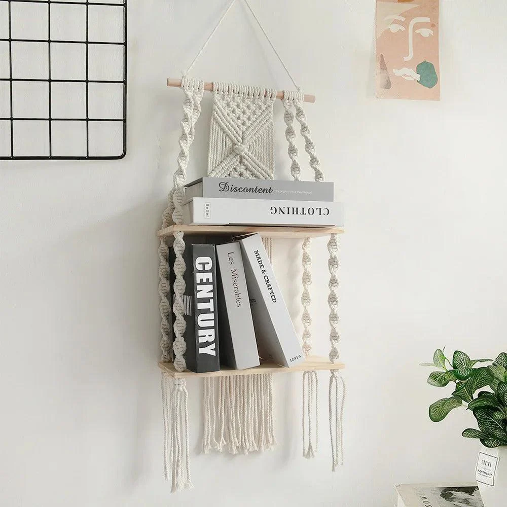 RopeCraftDoubleWoodHangingShelf-Homeko2 RopeCraft Double Wood Hanging Shelf - Homeko
