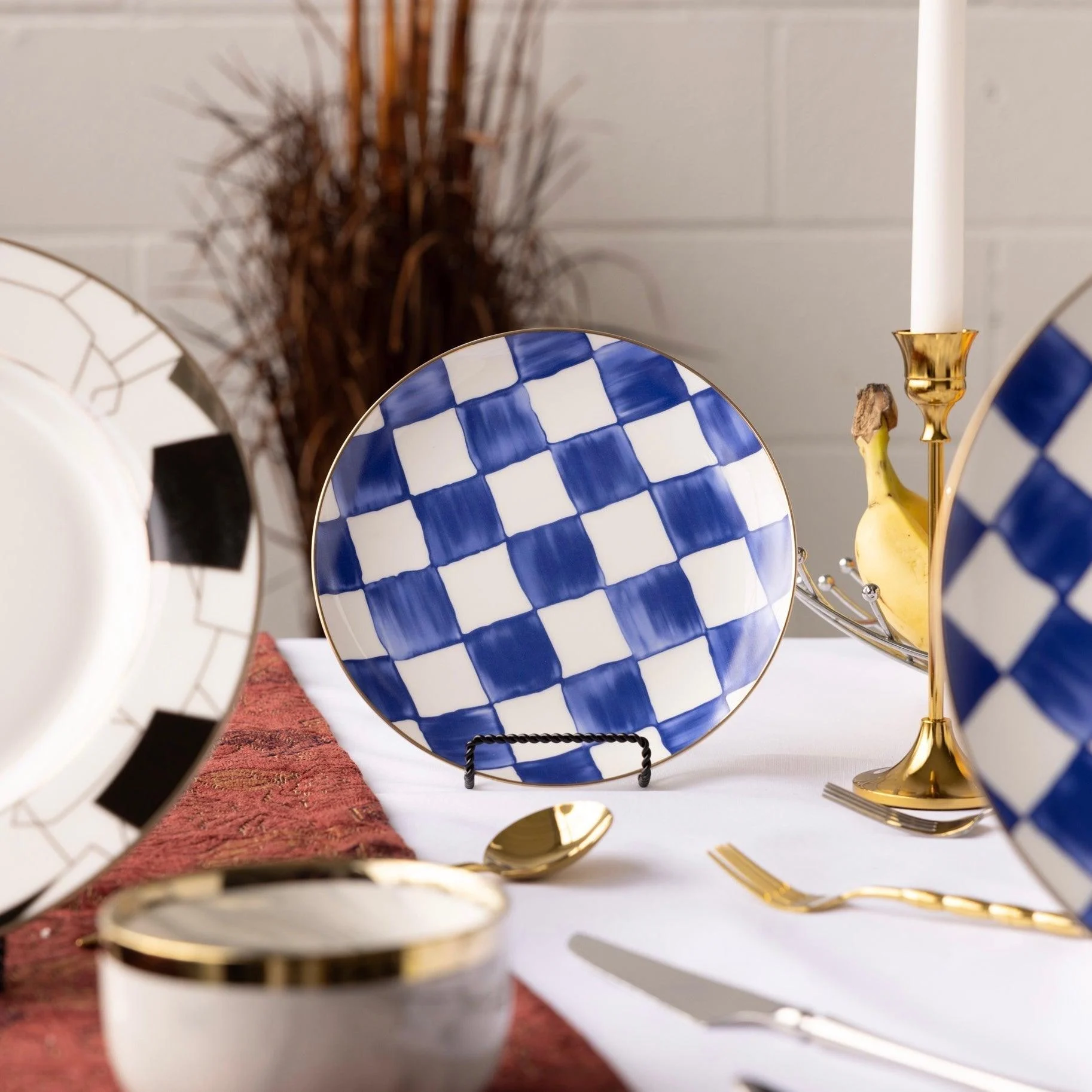 RoyalBlueCheckDinnerwareSet-TimelessElegance-Homeko6 Royal Blue Check Dinnerware Set - Timeless Elegance - Homeko