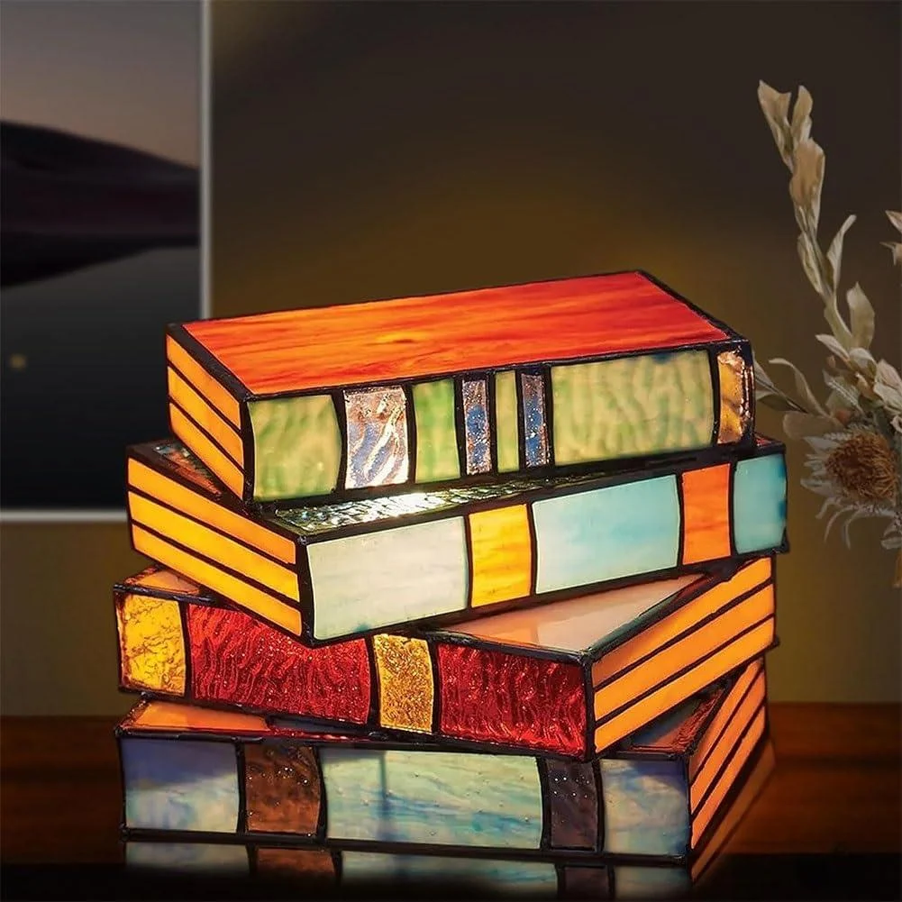 StainedGlassStackedBooksLamp_3 Resin Lamp with Stained Glass Effect - Stacked Books Design - ISTANBULLU LTD