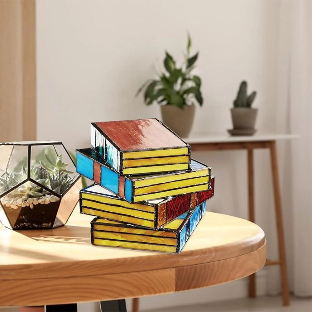 StainedGlassStackedBooksLamp_4 Resin Lamp with Stained Glass Effect - Stacked Books Design - ISTANBULLU LTD