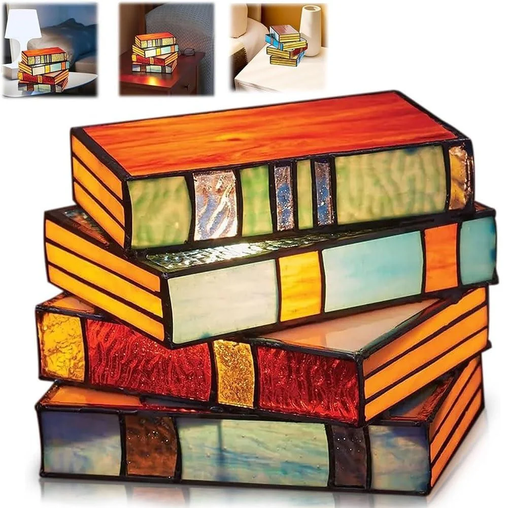 StainedGlassStackedBooksLamp_6 Resin Lamp with Stained Glass Effect - Stacked Books Design - ISTANBULLU LTD
