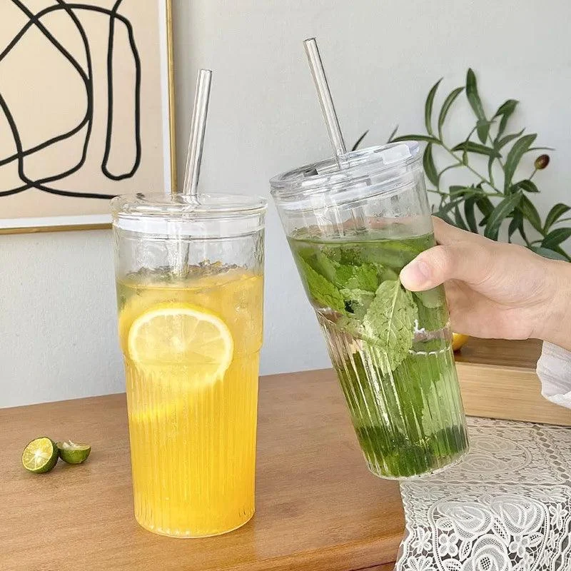StripeGlassCupwithLidandStraw-Homeko1 Stripe Glass Cup with Lid and Straw - Homeko