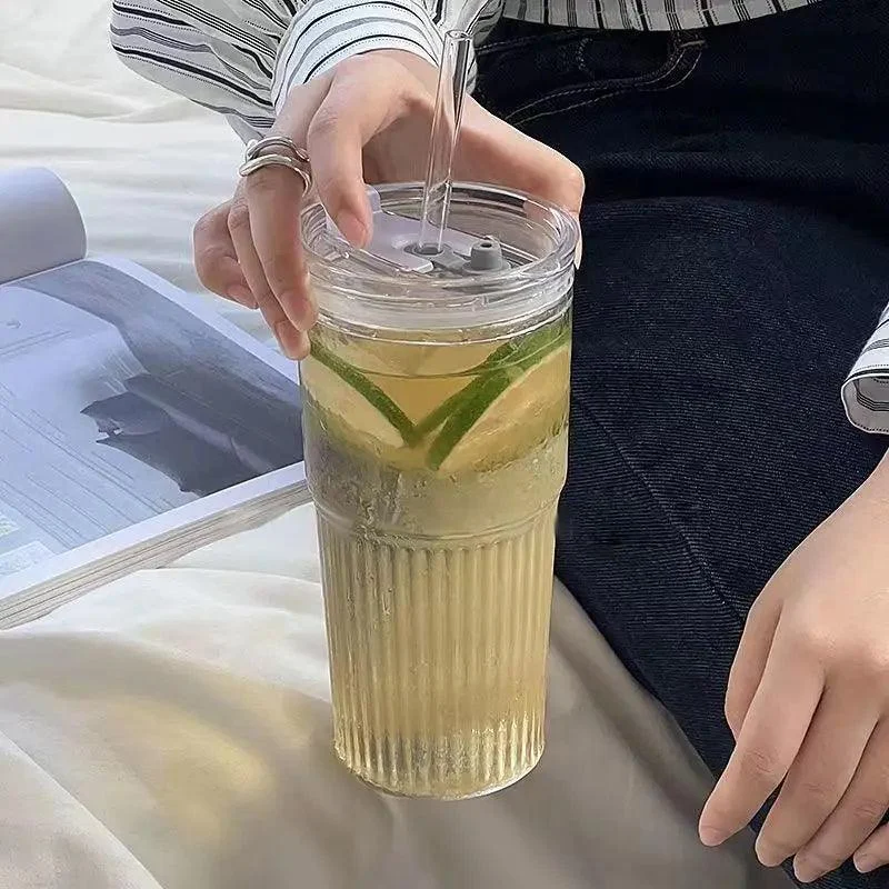StripeGlassCupwithLidandStraw-Homeko3 Stripe Glass Cup with Lid and Straw - Homeko
