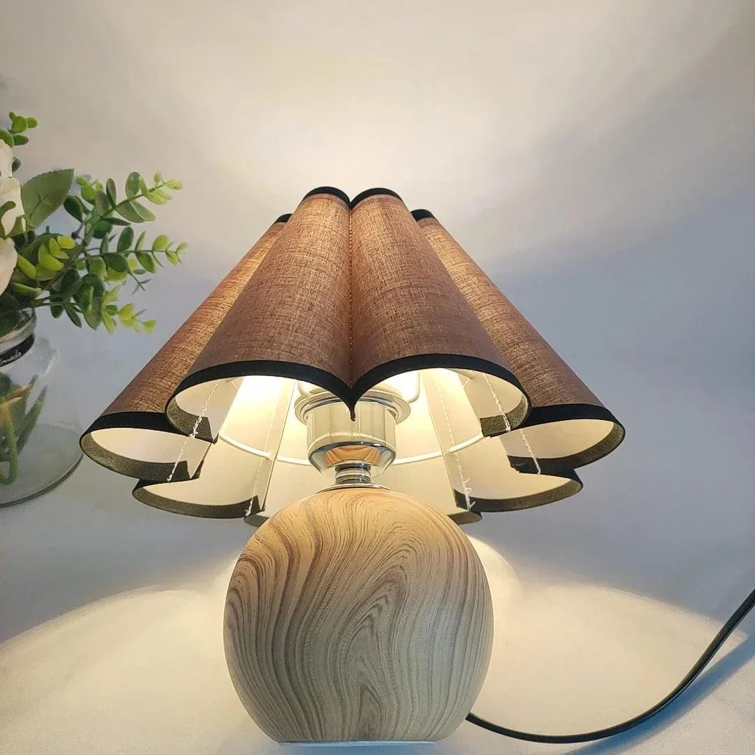 White Brown Wooden Lamp Fabric Lighting Bedside Nightstand - Homeko