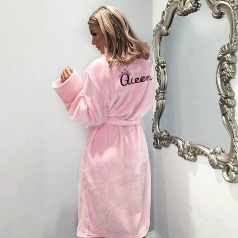 Winter Warm Flannel Bathrobe Women Knee Length Bath Robe Soft Thick Cute Pink Bridesmaid Robes Female