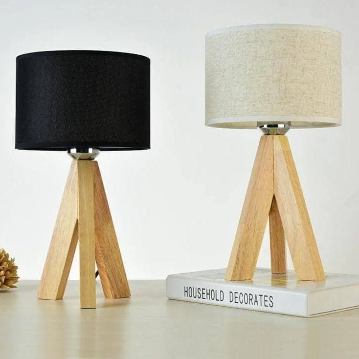 Wood Fabric Tripod Lampshade Table Lamp Modern Chic Lighting For Home Decor 15
