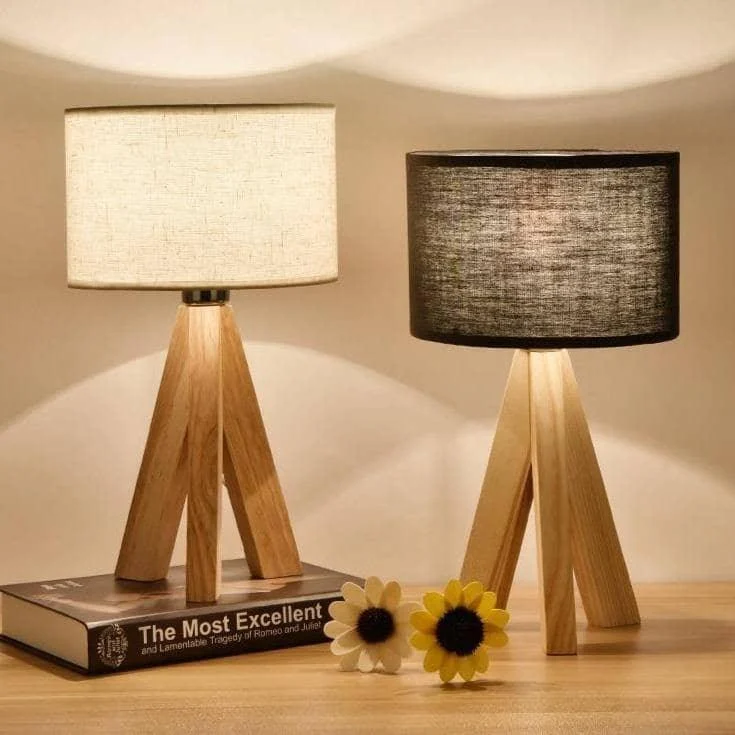 Wood Fabric Tripod Lampshade Table Lamp Modern Chic Lighting For Home Decor 8