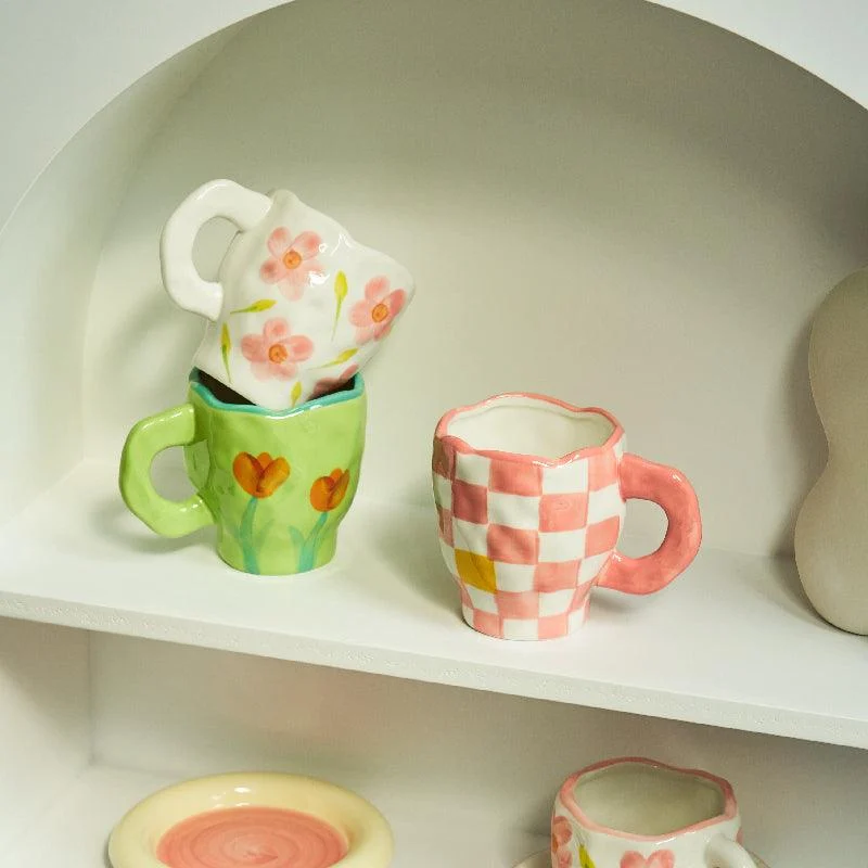 dwSTKorean-Ins-Style-Hand-Made-Irregular-Mug-Hand-Painted-Flowers-Ceramic-Mug-Breakfast-Cup-Coffee-Cup Retro Ceramic Checkered Mug - ISTANBULLU LTD