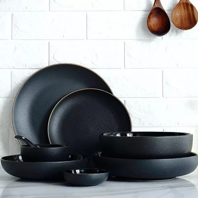 Gold Edge Matte Black Ceramic Accent Plate Dinner Plate Soap Bowl Tableware Dinner Set