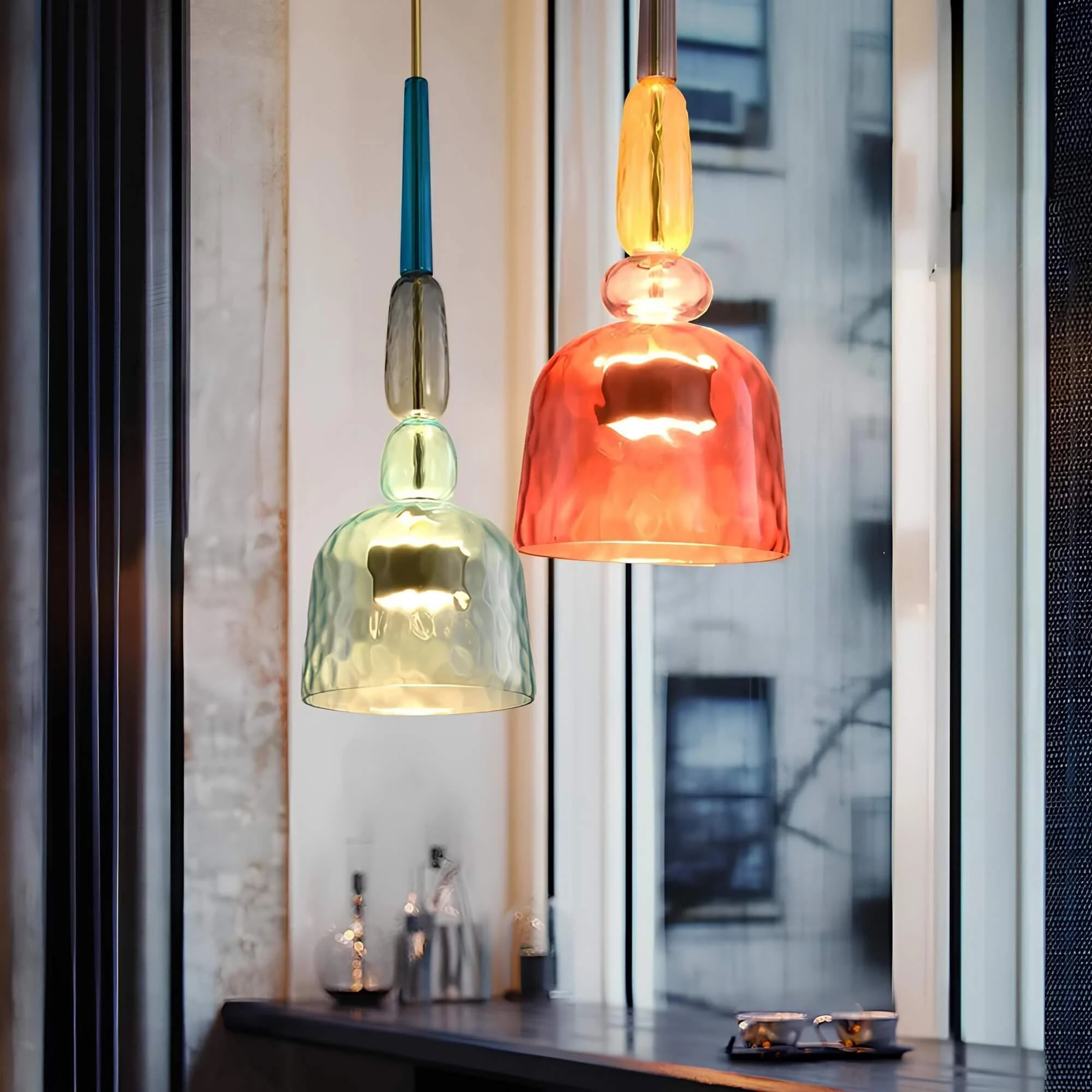 Urbansimplicity Pendelleuchte Farbiges Glas Bernstein Blau Gruen Klein Mittel Gross Xlumina7